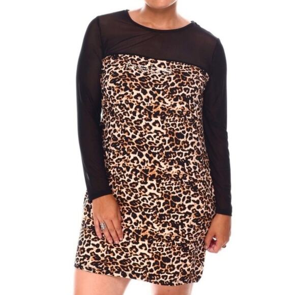 Bebe Leopard Print Dress Sheer Black Long Sleeve Mini Party Cocktail Plus 2X New - Picture 1 of 4